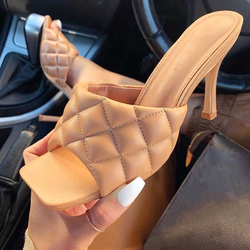 Tropez Sqaure Toe Quilted Heeled Mule Black PU Leather Kitten Heel Shoes Women High heels Sandals Sliper Woman Shoes White Blue Y0608