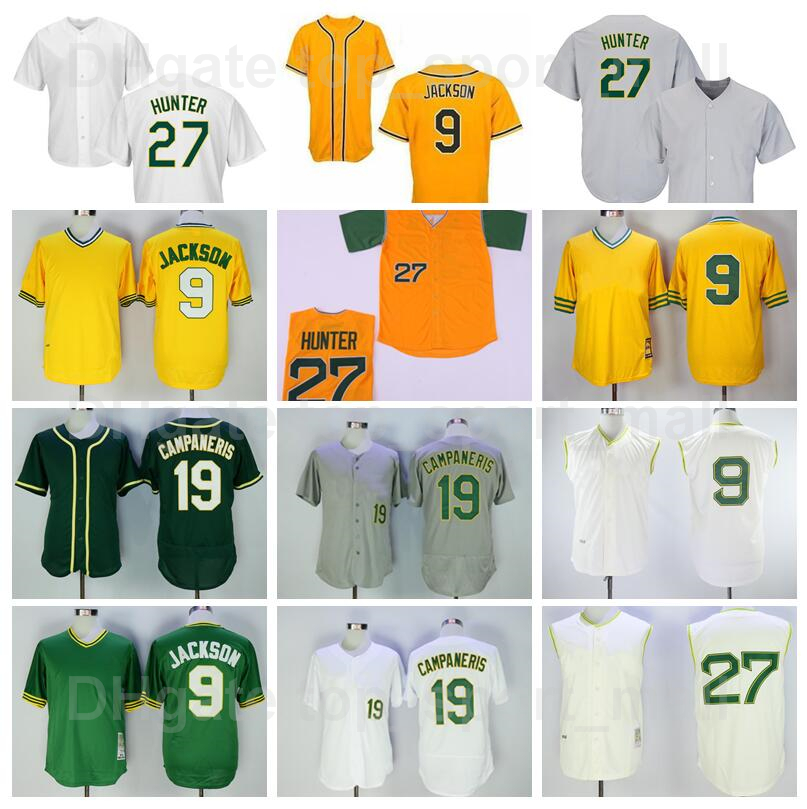 

Retro 1981 Vintage Baseball 27 Catfish Hunter Jersey 9 Reggie Jackson 19 Bert Campaneris Pullover All Stitched Team Color Green Yellow Grey White