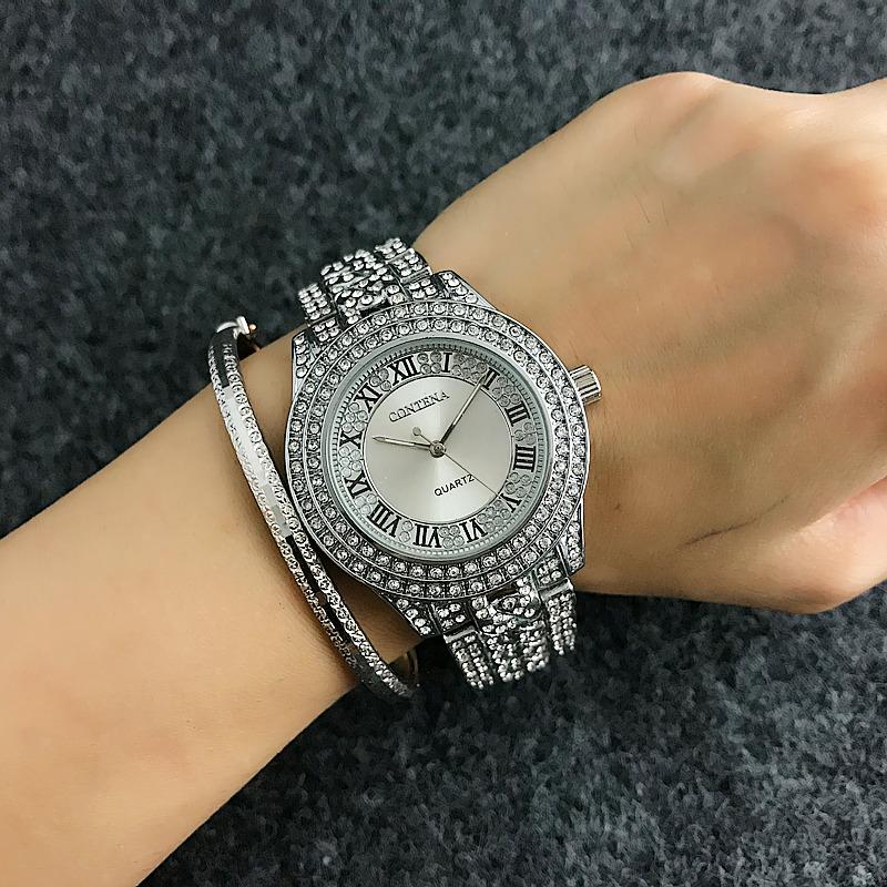 

Wristwatches CONTENA Top Brand Full Diamond Watch Shiny Rhinestone Women Watches Luxury Steel Women's Ladies Clock Saat, Gold