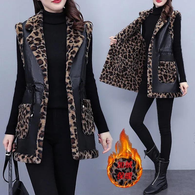 

Women's Fur & Faux Winter High-End Plus Velvet Vest Fashion Leopard-Print Mid-Length Coat Loose Warm Imitate Jacket Sleeveless, Black