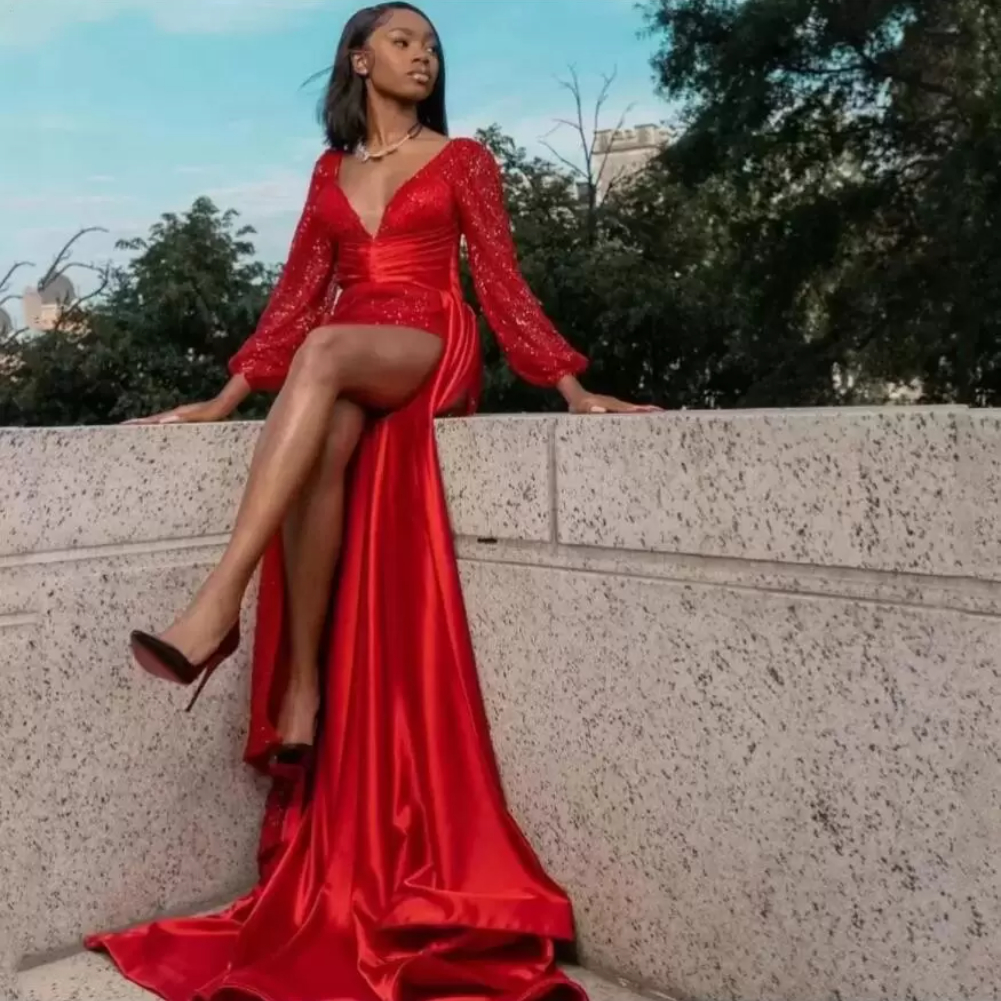

2022 New Year's Sexy Red Mermaid Evening Dresses V Neck Long Sleeve Sweep Train Thigh-High Slits Sequined Satin Formal Prom Celebrity D, Black