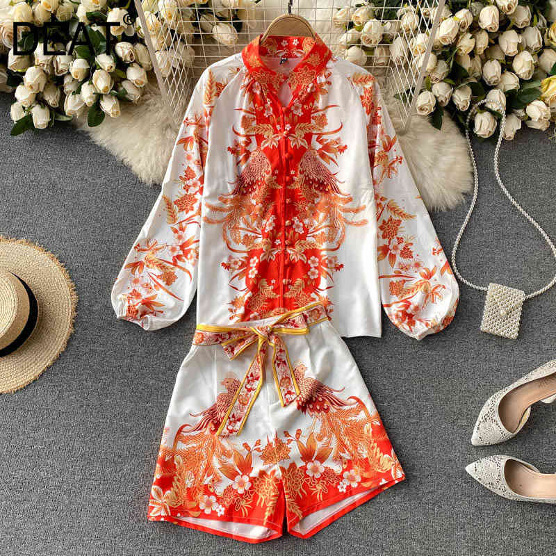 

women shorts printing stand neck lantern Sleeve belt arrivals two piece set fashion spring summer 11D62 210525, Red