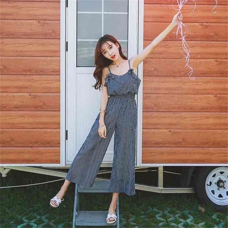 

Women Jumpsuit Romper Lady Wide Trousers Playsuit Female Summer Striped Print Ruffles Pants 210519, Black