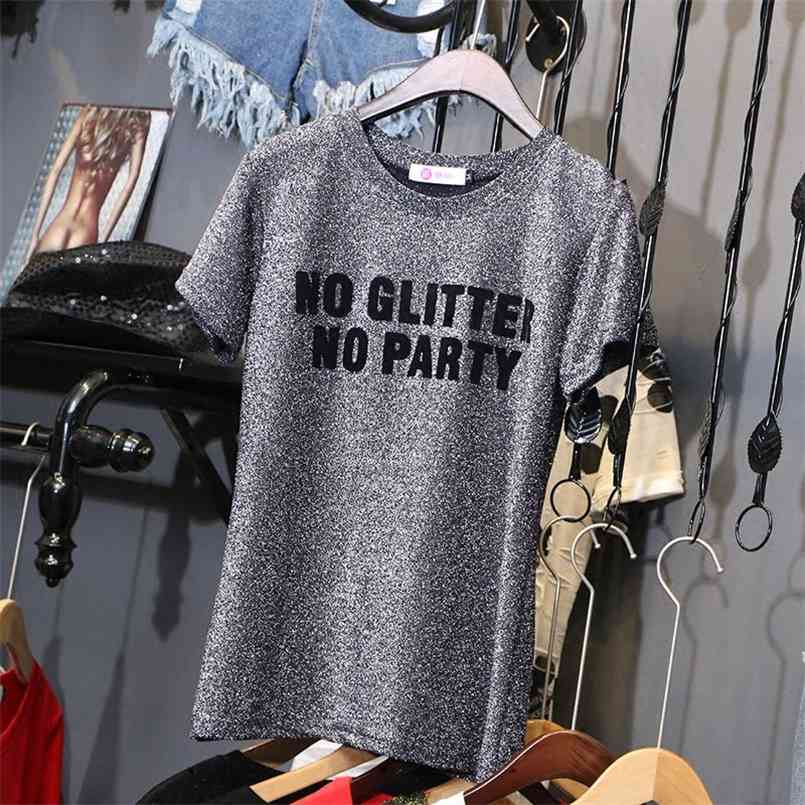 

Silver English letter flocking T-shirts women all-match summer loose bright silk female short sleeve tops fashion Pullovers 210708, Gray