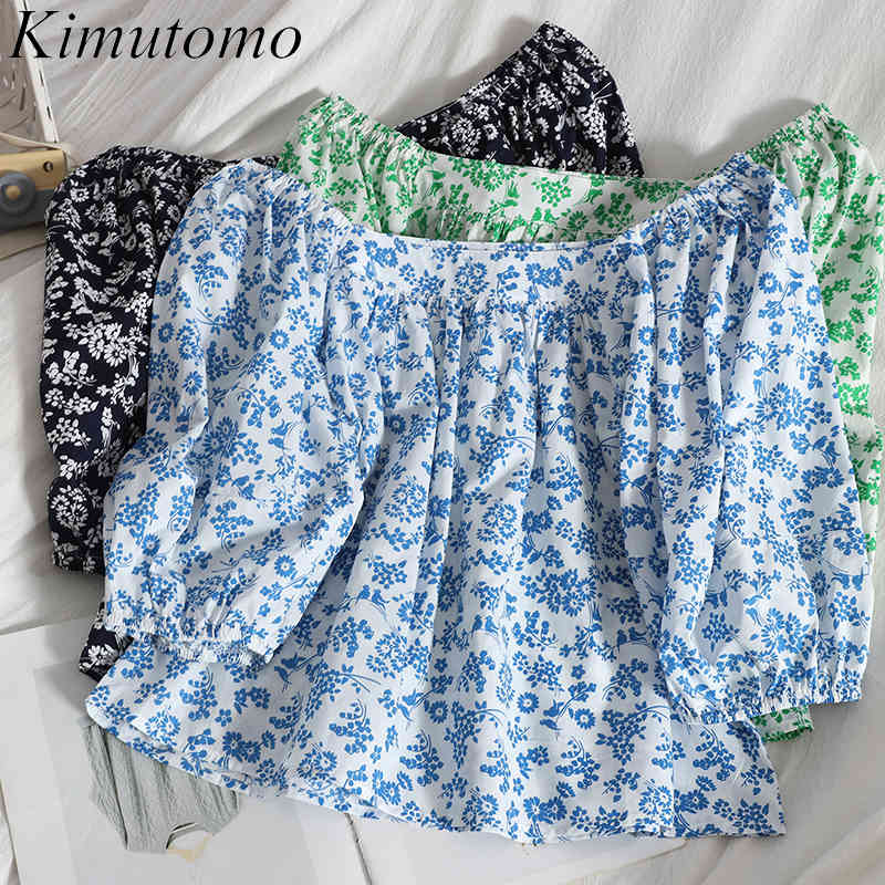 

Kimutomo Elegant Floral Printed Blouse Women Short Puff Sleeve Square Collar Shirt Summer Clothes Korean Fashion Top 210521, Blue