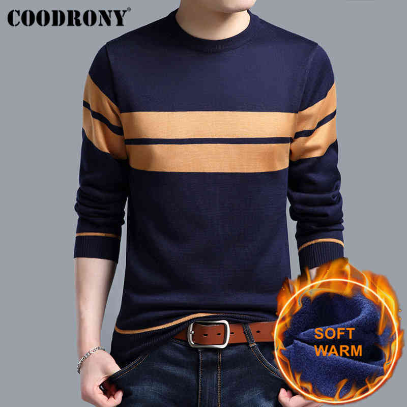 

coodrony thick warm cotton liner o-neck pull homme christmas sweater winter wool s sweaters 2019 casual pullover men h018, Black