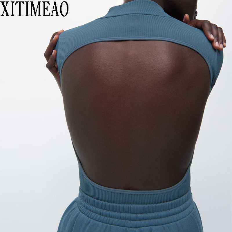 

ZA Women Sexy High Collar Sweater Fashion Solid Open Back Backless Slim Crop Tops Long Sleeve Elastic Knitwear Chic 210604, Blue