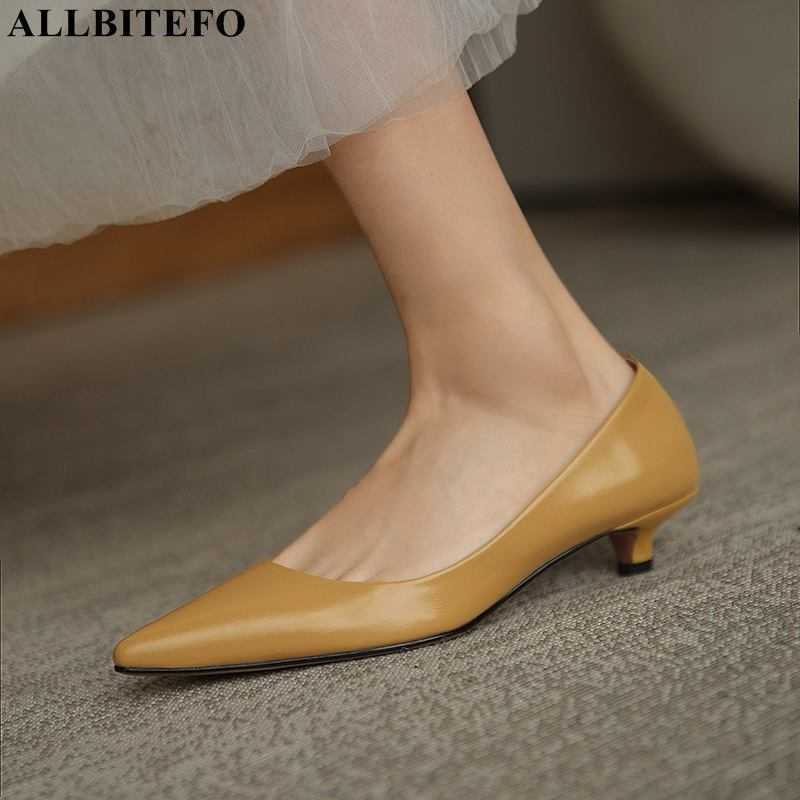 

ALLBITEFO natural genuine leather women heels fashion sheepskin inside women's low heel shoes high heels party wedding shoes 210611, As picture