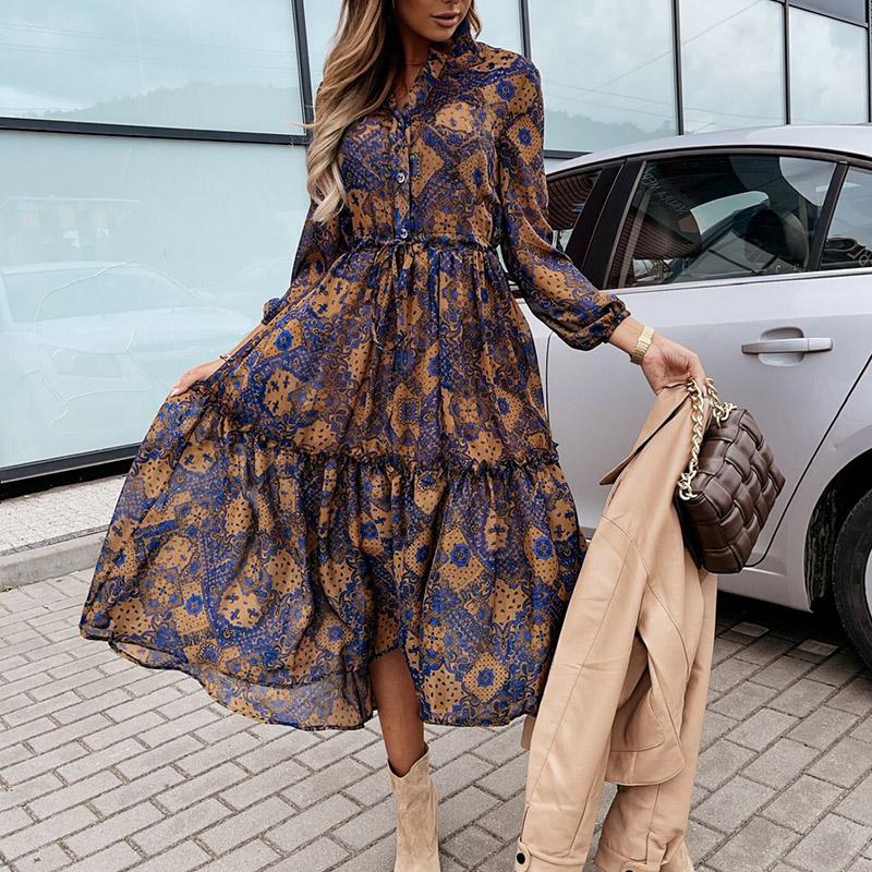 

Casual Dresses 2021 Fashion Women Autumn Shirts Dress Lady Boho Vintage Chiffon Floral Print Long Sleeve Woman Elegant Party, Brown