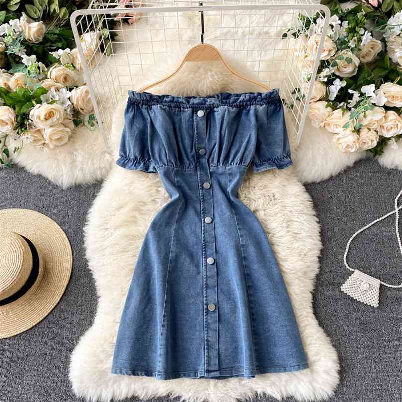 

Sexy Slash Neck Off Shoulder Short Sleeve Denim Dress Summer Women Buttons A-line Mini Party Vestidos Fashion Streetwear 210603, Blue