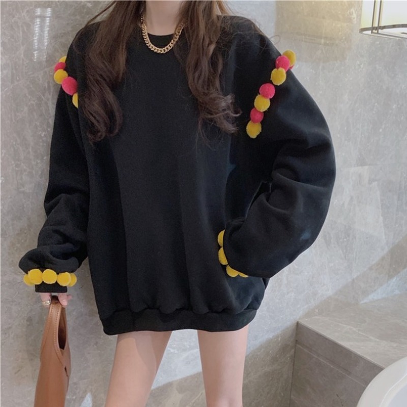 

Kimutomo Women Panelled Pompom Sweatshirt Spring Autumn Chic Kawaii Clothes Female O-neck Wild Long Sleeve Pullovers 210521, White