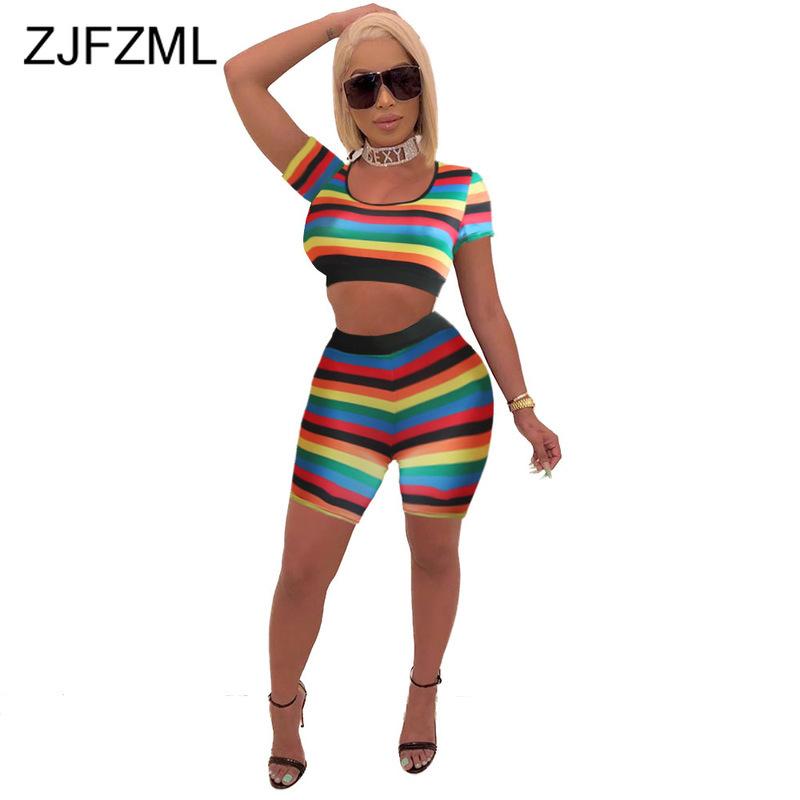 

Rainbow Stripes Sexy Two Piece Tracksuit Summer Clothes Women Short Sleeve Crop Tops And Skinny Shorts 2 Set Sweatsuits Women's Tracksuits, Gray
