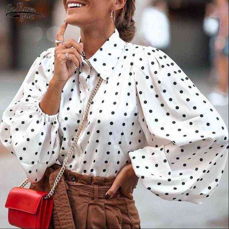 

autumn spring cardigan white women shirt black polka dot plus size lantern sleeve ladies clothing 12372