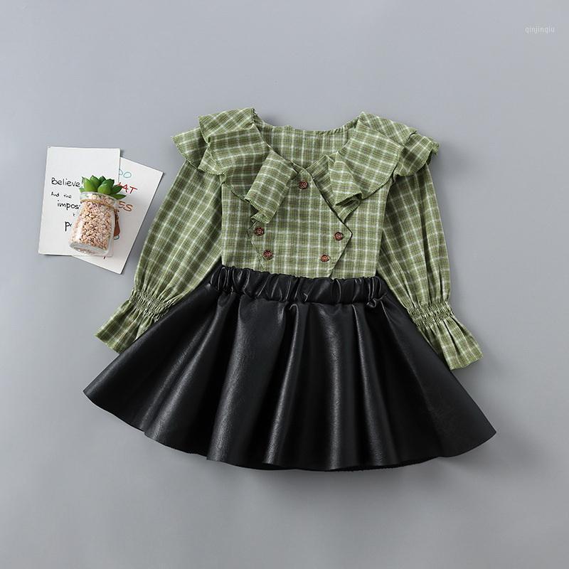 

Clothing Sets Wholesale Girls Long Sleeve Plaid Shirt+Black PU Skirt 2021 Fall Fashion 2PCS Outfit Baby Clothes 2-6Y H223, White