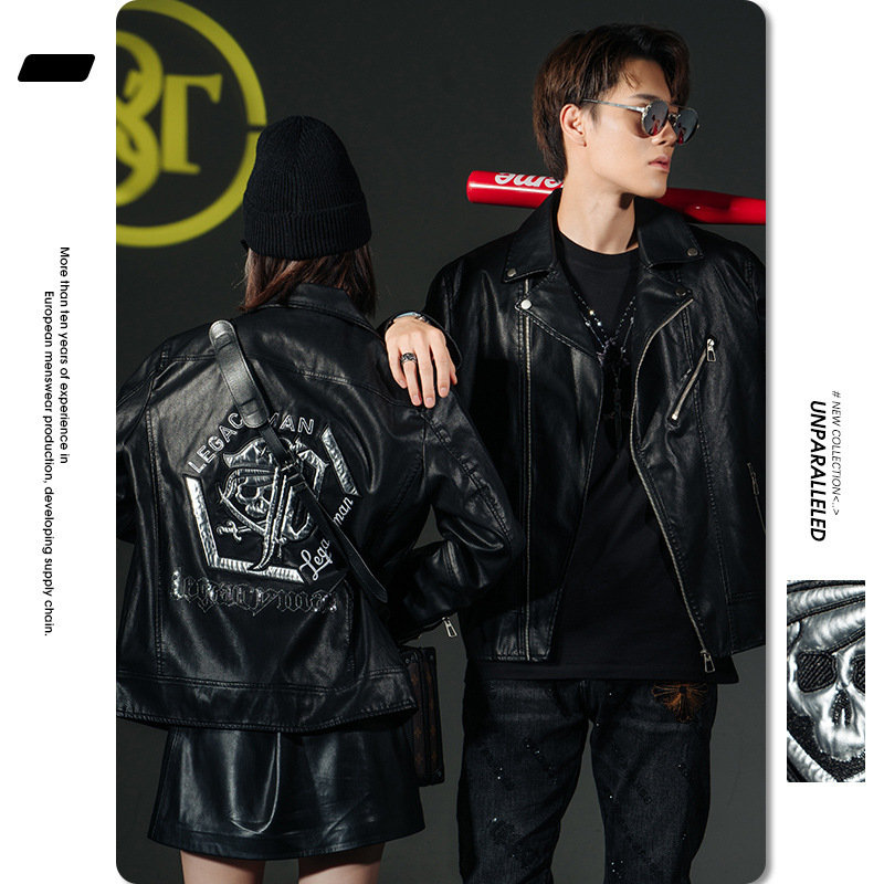 

locomotive leather men's 2021 autumn and winter new brand skull embroidered leather casual cardigan men's et, Black;brown