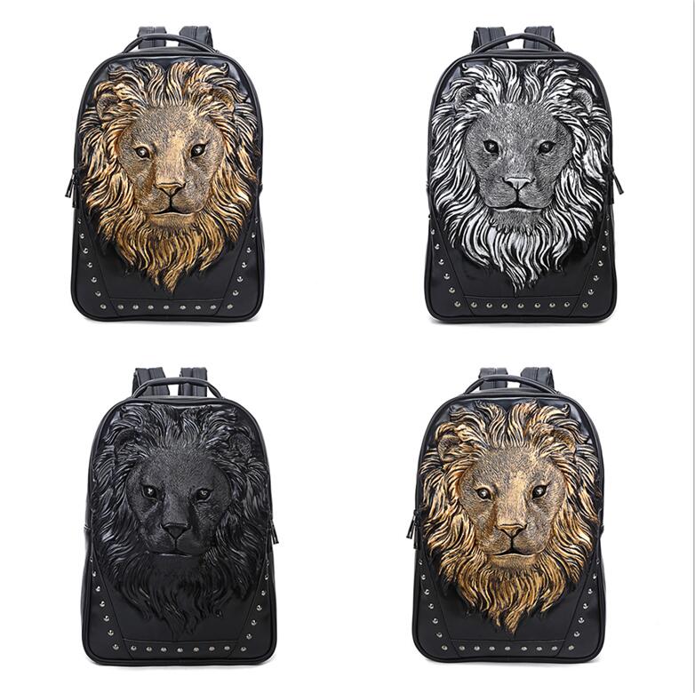 

Wholesale factory mens shoulder bags street cool animal lion head men backpack waterproof wear-resistant leather handbag outdoor sports large leisure computer bag, Silver-3049