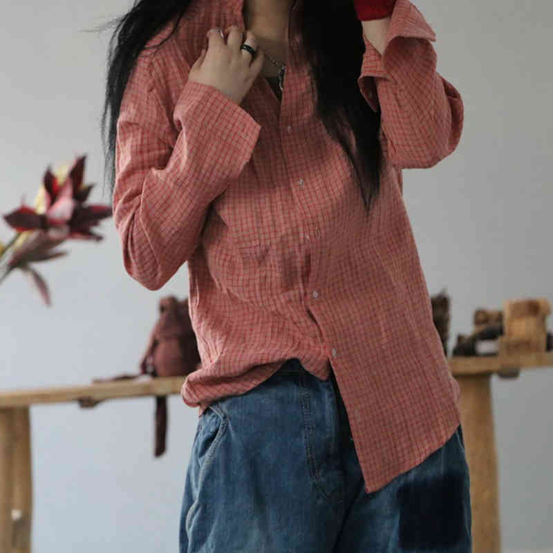 

Johnature Retro Plaid V-neck Collar Linen Casual Shirts Autumn Loose Leisure Fashion Women Tops Shirts 210521, Orange