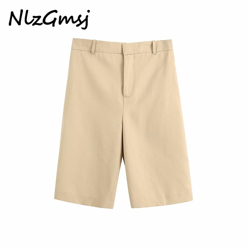 

Women Chic Fashion Office Wear Side Pockets Straight Shorts Vintage High Waist Zipper Female Short Pans Mujer 210628, Khaki