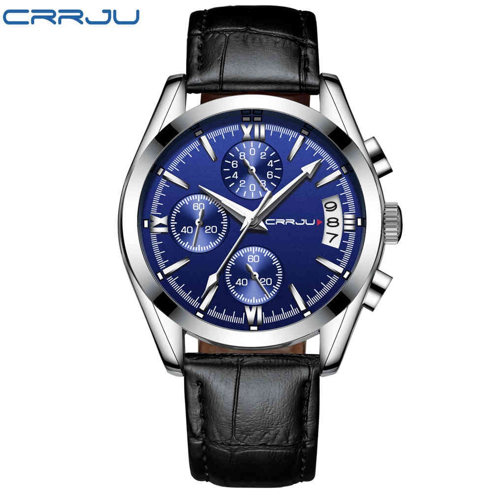 

CRRJU Watch Mens Watches Top Brand Luxury Men Casual Leather Waterproof Chronograph Men Sport Quartz Clock Relogio Masculino 210517, Silver black
