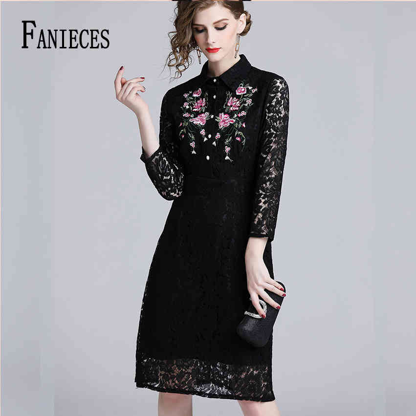 

Embroidery Elegant Hollow Out Lace Knee-Length Dress Women Wrist Sleeve Summer Vintage Slim Sexy Party Casual Dresses Vestidos 210520, Black