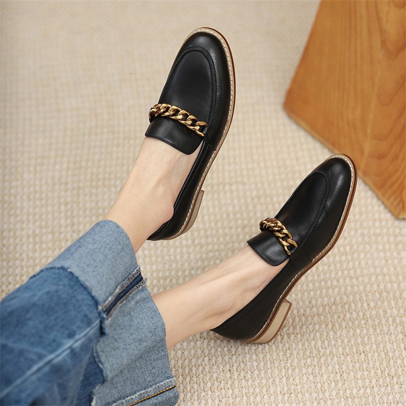 

Shoes genuine leather moccasins Dress women's low-heel shoes chain pumps thick toe round foot slippage in spring apricot DHYZ, 1# shoe box