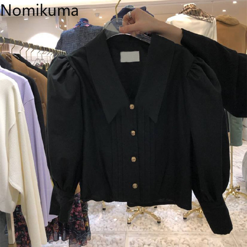 Nomikuma Korean Turn-down Collar Women Blouses Puff Sleeve Causal Shirt Tops Spring New Single Breasted Blusas Femme 6F497 210427