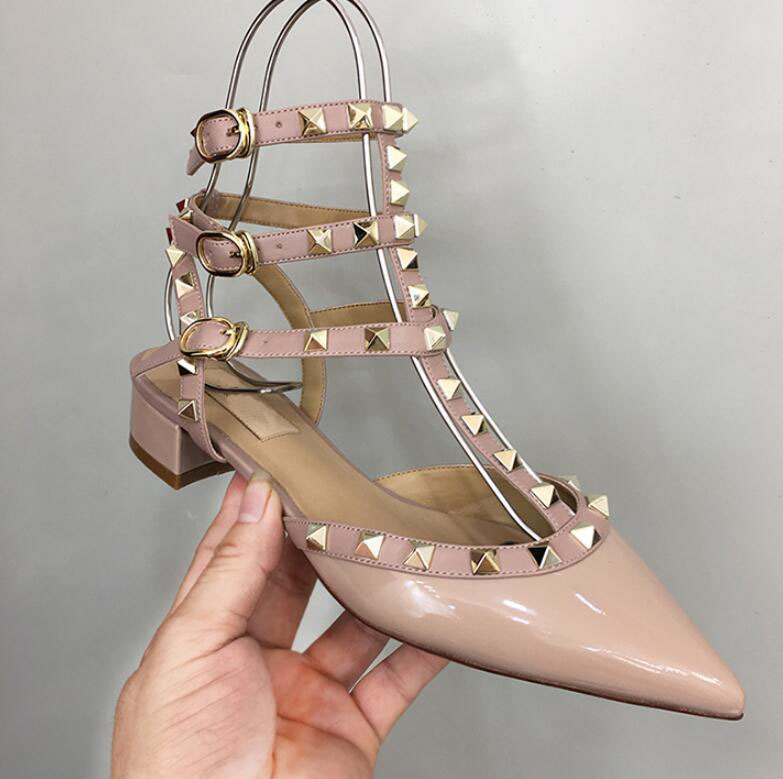 

2021 Luxury Brand Plus Rivet Pointed Toe Low Heel Women Brand Logo Color Strap Chunky Heel Middle Heel Sandals 35-43, 13