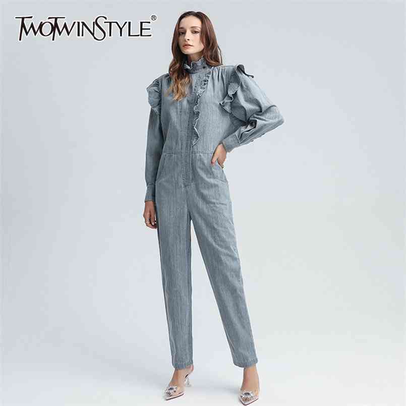 

Patchwork Ruffle Casual Jumpsuit For Women Stand Collar Long Sleeve High Waist Solid Jumpsuits Female Autumn 210521, Beige