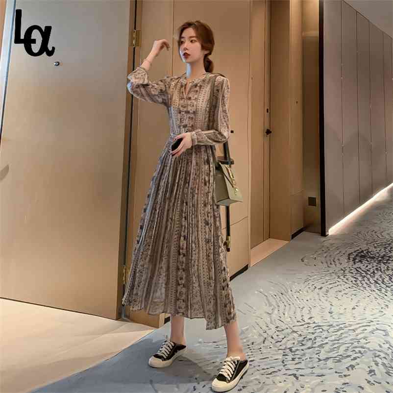 

Autumn Spring French Vintage Women Dress Floral Chiffon Long-sleeve Ladies High Waist Female A-line Vestidos 210519, Khaki