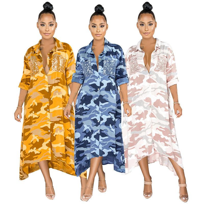 

Casual Dresses 2021 Women Long Sleeve Camouflage Printed Shirt Dress Autumn Loose Style Oversize, Blue