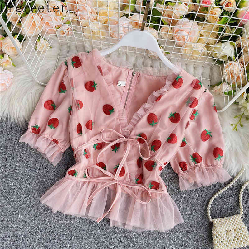 

Summer Cute Shinny Pink Strawberry Bronzing Mesh Tshirts Sweet V-neck Puff sleeve Lace-up Short Tops Female Woman Tee 210525