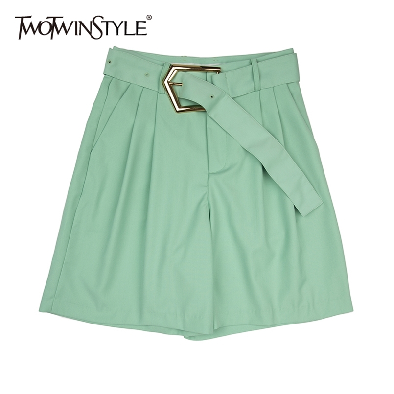 

Casual Minimalist Short For Women High Waist Sashes Ruched Loose Wide Leg Shorts Female Fashion Clothing 210521, Green