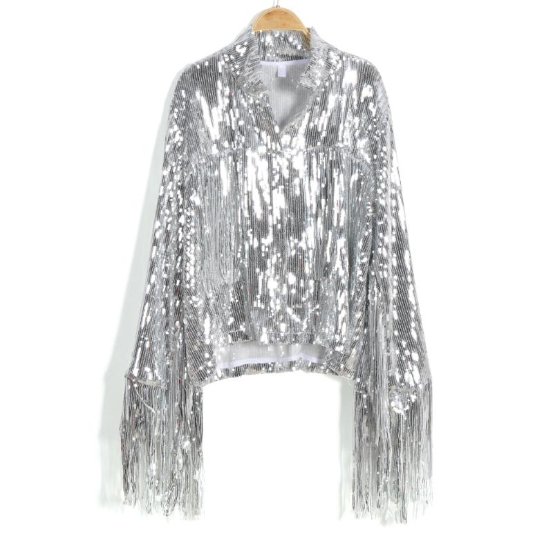 

Women's Jackets Tassel Sequin Jacket Autumn Winter Streewear Retro Long-sleeved Silver Reflective Women Outwear Top, Black;brown