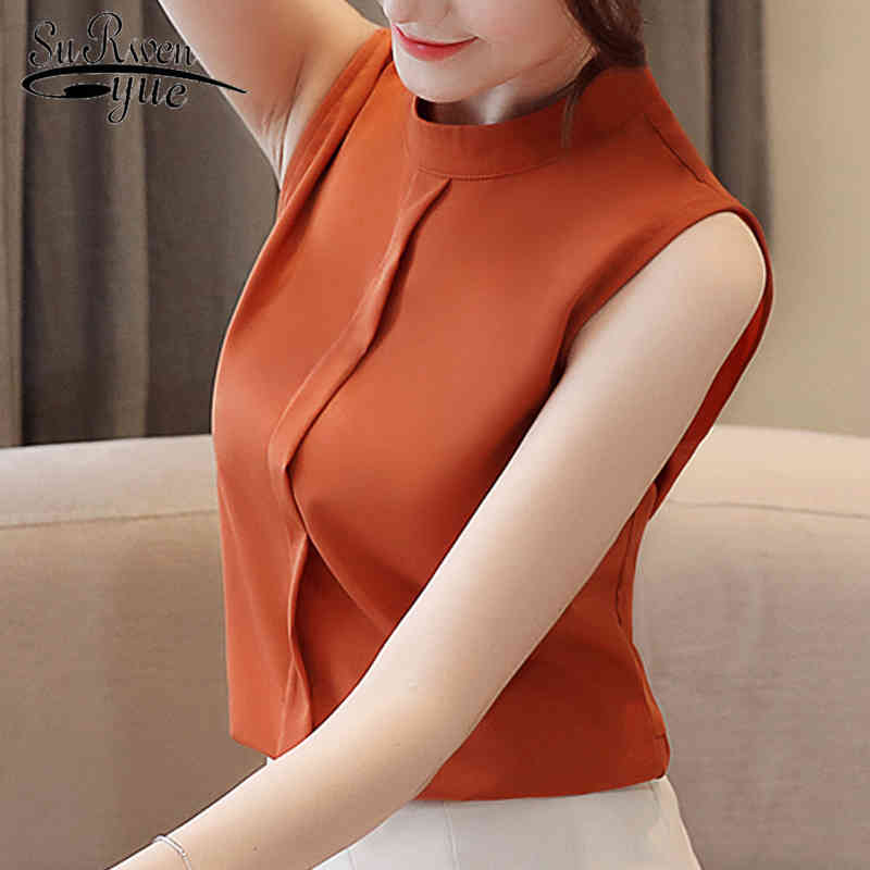 

Women chiffon blouses and tops womens sleeveless Solid color plus size women Chiffon Sleeveless 3683 50 210521, White