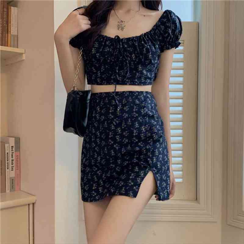 

Kpop Dress Sweet Shorts Sets Womens Tracksuits Broken Flower Skirts Exposed Navel Two Piece Set Women Split Skirt Puff Sleeve, Gray