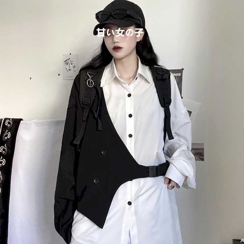 

Autumn Korean style niche stitching loose mid-length shirt women retro long-sleeved design sense of fashion 210526, White tie