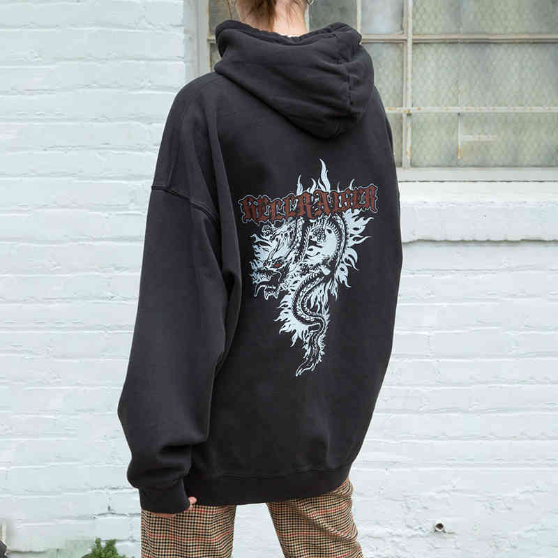 

women's hoodies & sweatshirts vintage dragon hoodie, women's long-sleeve cotton sweatshirt, with a big hood, for autumn and winter, Black