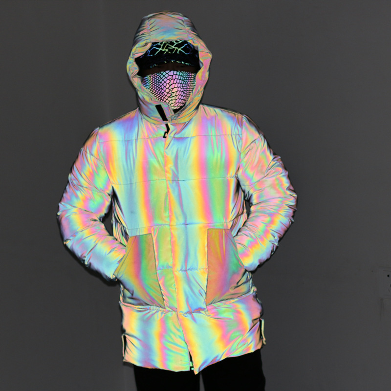 

New street fashion middle and long colorful reflective cotton clothes winter thickened coat bread laser, Colorful and reflective