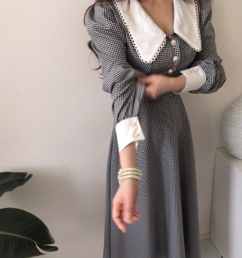 

Casual Dresses Korean Chic Elegant Retro Slim Mid Length Long Sleeve Lapel Black White Plaid Dress Women Belt Vestido De Mujer Doll Hit, Black;gray
