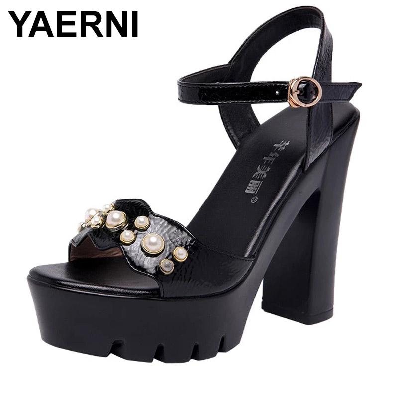 

Sandals YAERNIPlus Size 32-43White Wedding Shoes High Heels Ladies Summer 2021 Open Head Block Heel Platform Women Party, Black