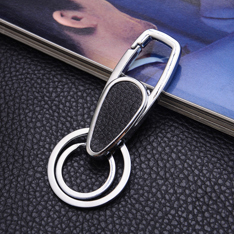 

Classic Design Silver Double Ring Key Chain Black Leather Keychain for Men