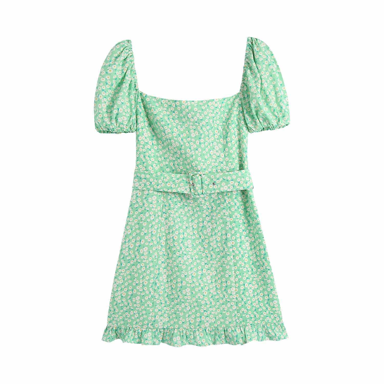 

Summer Women Floral Printed Dress Belted Short Puff Sleeves elegant Casual Fashion Vintage Woman Short Sundress 210709, Green