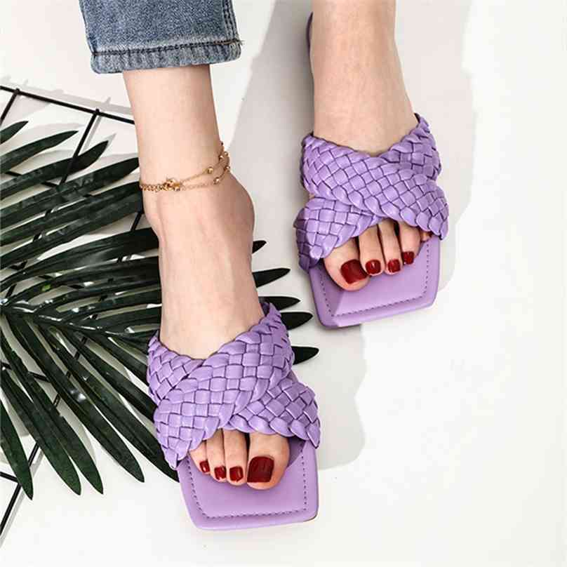 

Summer INS Fashion Women Candy Color Plaid Flat Slippers Purple Yellow Low Heels Beach Slides Mules Shoes Plus Size 41 42 210708, Red