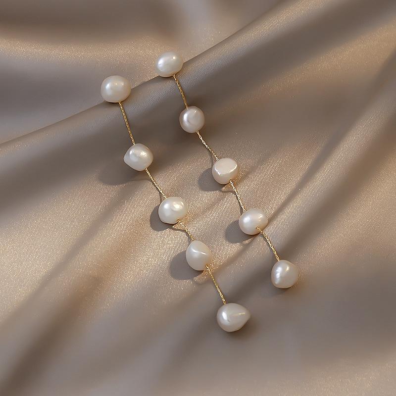 

Dangle & Chandelier VSnow Vintage Natural Freshwater Pearl Earrings For Women Gold Tassel Chain Hanging Jewelry Pendientes, Silver