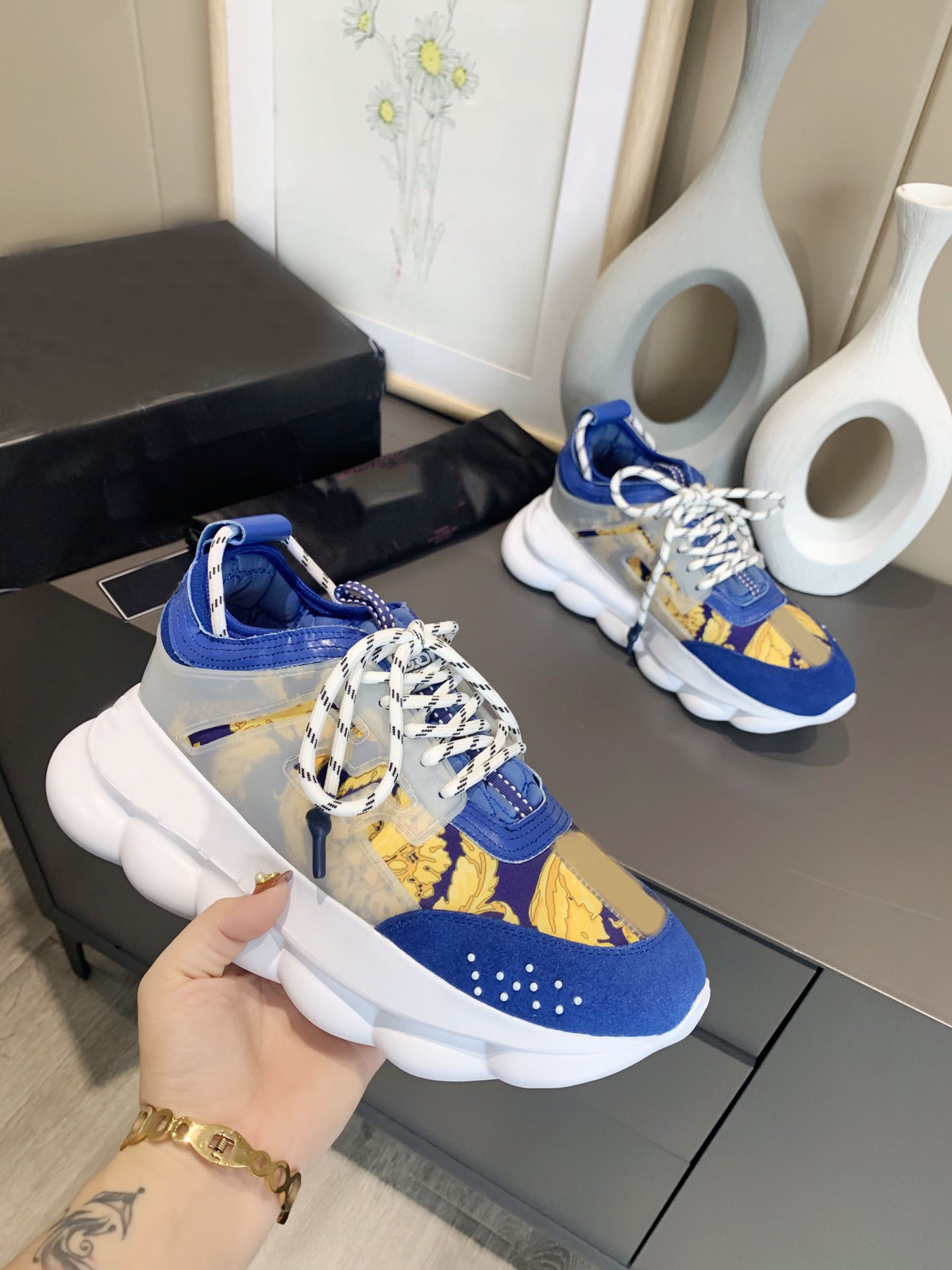 

Top qualtiy chain reaction shock fashion casual shoes men women outdoor classic old dad leisure shoe link-embossed trainer flair walking Flats 35-45, Black