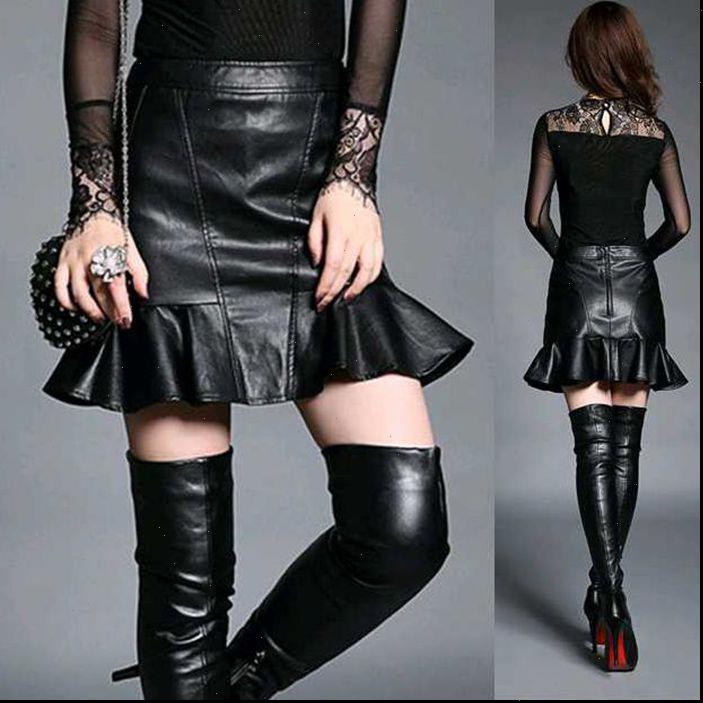 

spring customized womens skirt faux leather female fishtail mini a line slim flounced ruffles trumpet mermaid high waist pleated skirts, Black