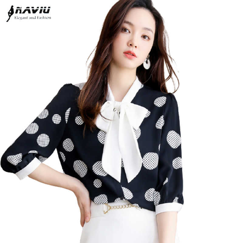 

Bow Ribbon Shirt Women Half Sleeve Summer Fashion Slim High End Polka Dot Chiffon Blouses Office Ladies Work Tops 210604, White