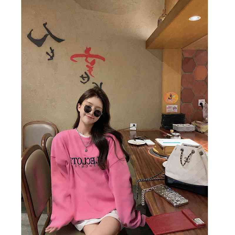 

Embroidered letter long sleeve sweater women' wear summer 2021 round neck simple new Korean loose top, Pink