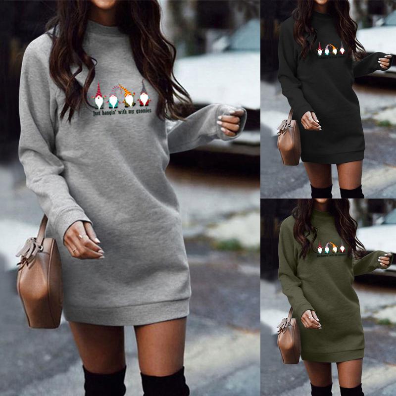 

Maternity Dresses Women's Christmas Hooded Sweatershirts Long Sleeve Lightweight Oversized Gnome And Letter Printed Midi Pullover Dress, White