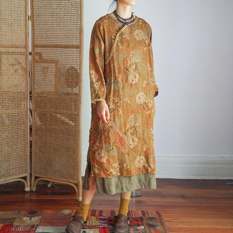 

Casual Dresses QPFJQD Ladies Linen Dress Print Chinese Style Patchwork Autumn Spring Full Sleeve Women O-neck Retro Soft Orange, Ginger